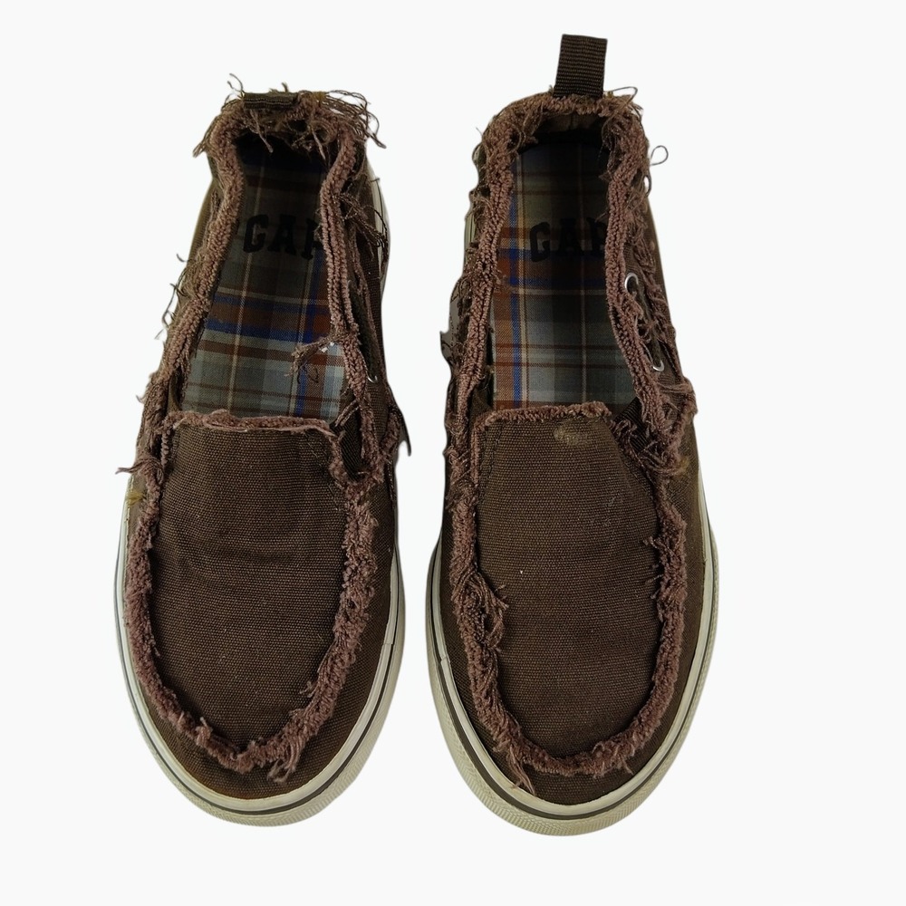 GAP Slip On Shoes Kids Sz 11 Brown Frayed Canvas Distressed Plaid Lined Loafers